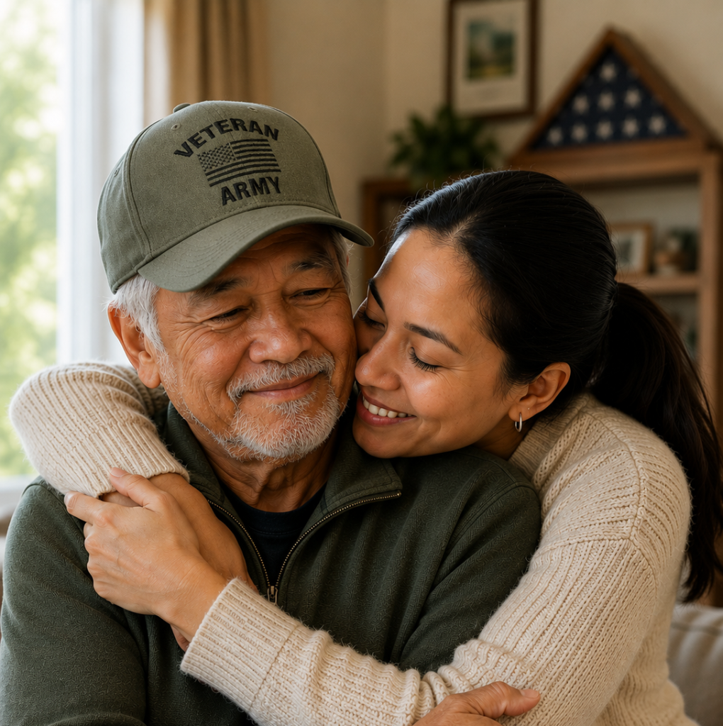 Army Veteran and his daughter who is his caregiver. They are embracing in a hug.