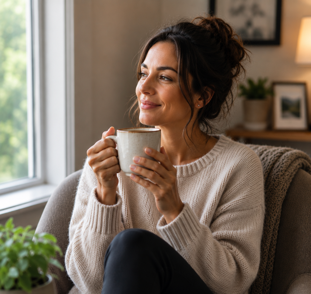 woman caregiver taking a break with a cup of coffee, looking at the window